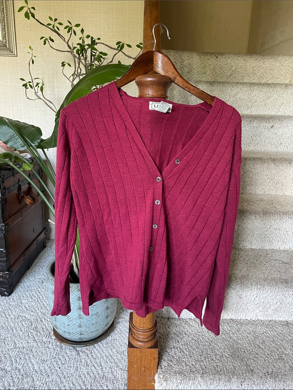 L.L. Bean 100% Wool Maroon Wine Ribbed V-Neck Button Front Cardigan